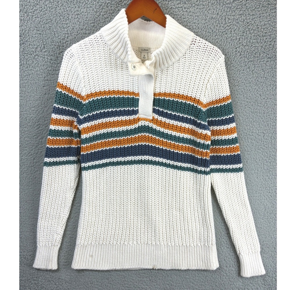 LL Bean Striped Chunky Knit Mock Neck Sweater Womens M White Cotton Flawed